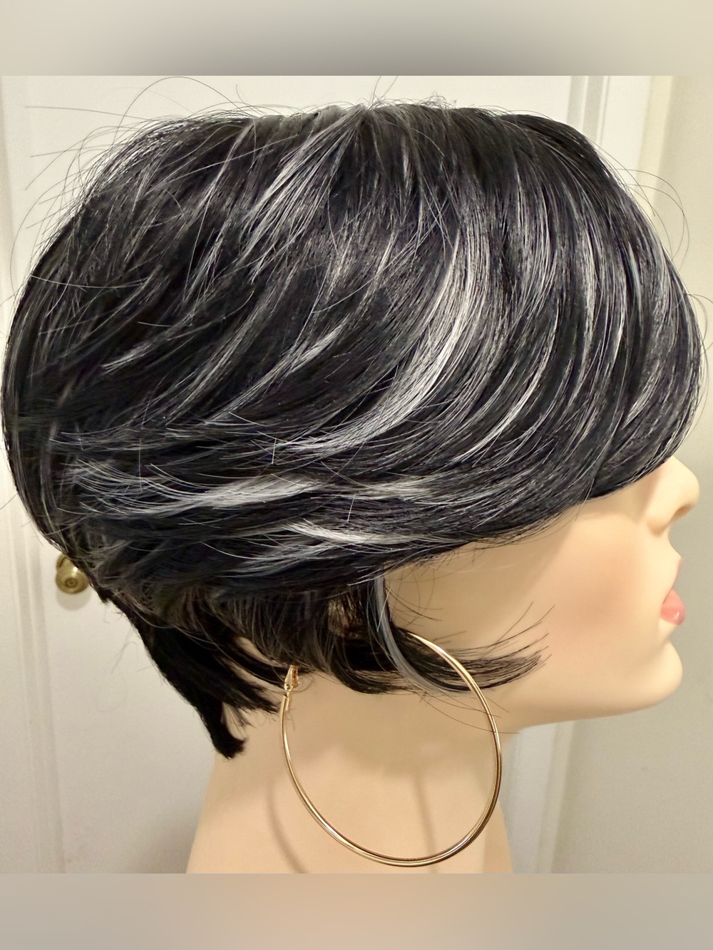 HAIR, Pixie with Nails, Long Bangs, Spiral Crown, Black with Silver highlights - Picture 4 of 10